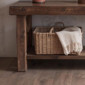 Reclaimed Wood Console Table with X-Frame Legs and Storage Shelf – Rustic Farmhouse Entryway Table