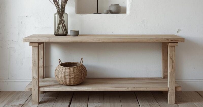 Reclaimed Wood Minimal Console Table – Slim Entryway Table with Storage Shelf – Rustic Modern Design