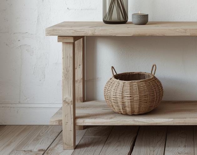 Reclaimed Wood Minimal Console Table – Slim Entryway Table with Storage Shelf – Rustic Modern Design