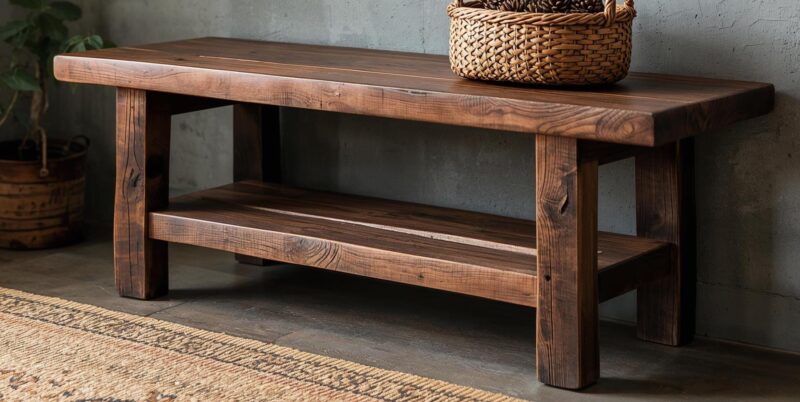 Reclaimed Wood Bench – Solid Straight Legs with Storage Shelf – Rustic Functional Design