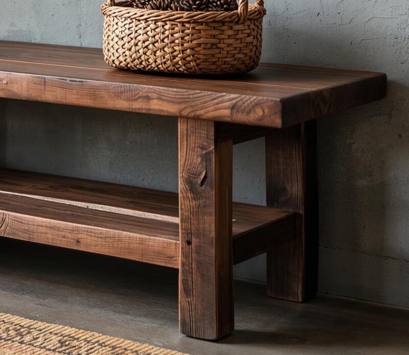 Reclaimed Wood Bench – Solid Straight Legs with Storage Shelf – Rustic Functional Design