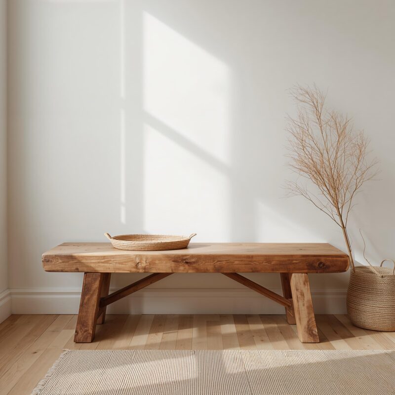 Reclaimed Wood Bench – Thick Solid Wood Seat with Angled Legs – Rustic Modern Style