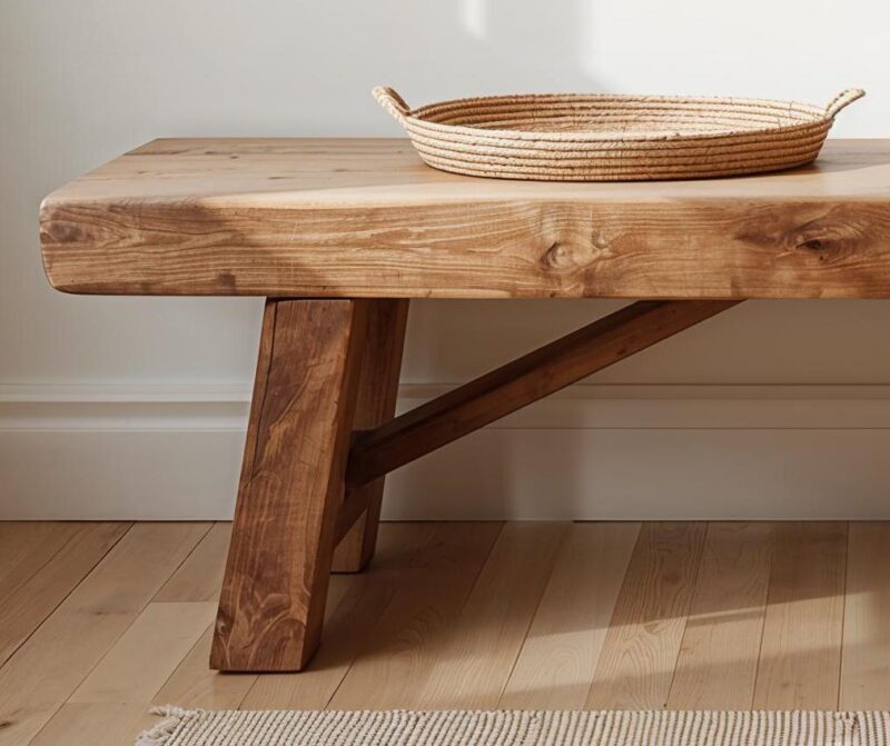 Reclaimed Wood Bench – Thick Solid Wood Seat with Angled Legs – Rustic Modern Style