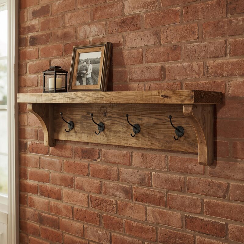 Reclaimed Wood Coat Rack with Shelf – Rustic Wall Mounted Hanger with Hooks