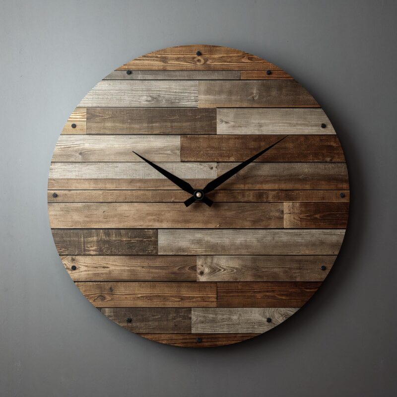 Reclaimed Wood Wall Clock – Rustic Horizontal Plank Design with Varying Colors & Sizes