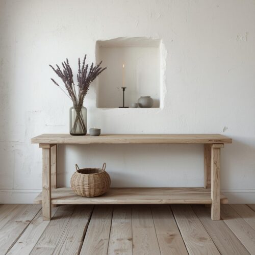 Reclaimed Wood Minimal Console Table – Slim Entryway Table with Storage Shelf – Rustic Modern Design