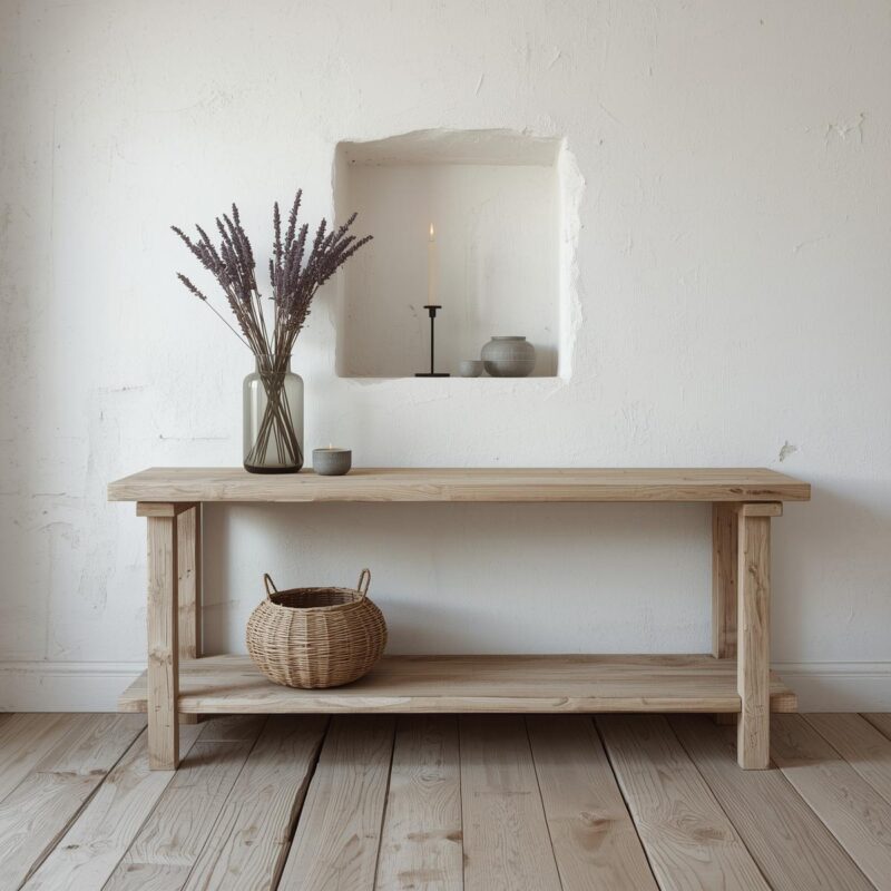 Reclaimed Wood Minimal Console Table – Slim Entryway Table with Storage Shelf – Rustic Modern Design