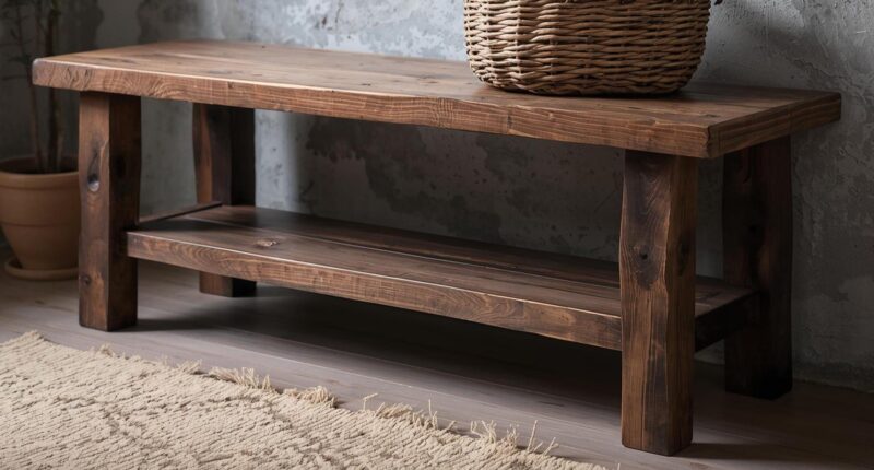 Reclaimed Wood Bench – Solid Straight Legs with Storage Shelf – Rustic Functional Design