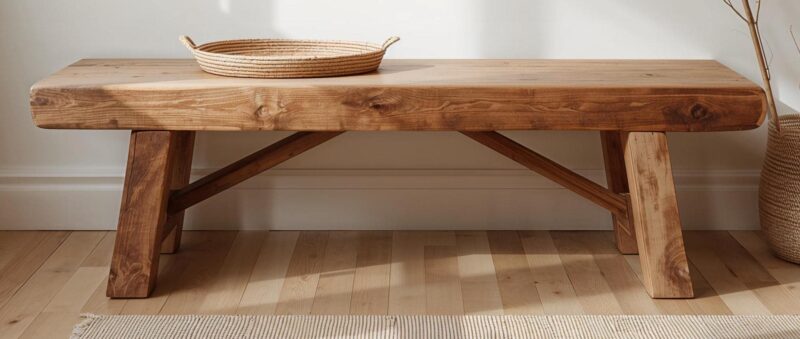 Reclaimed Wood Bench – Thick Solid Wood Seat with Angled Legs – Rustic Modern Style