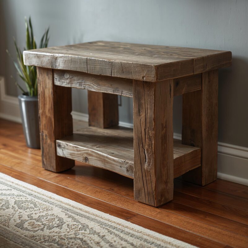 Chunky Reclaimed Wood End Table: Rustic Square Side Table with Shelf